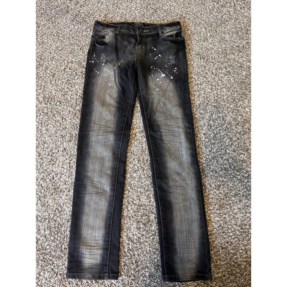 THRILL Girls Size 16 Black Jeans Distressed Paint Splatter Y2K Straight Leg